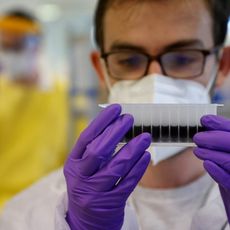 Un technicien de laboratoire regarde des échantillons provenant de tests PCR dans le laboratoire Biomnis à Ivry-sur-Seine (94), en octobre 2020.