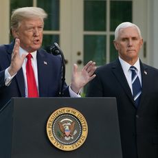 Donald Trump et Mike Pence lors d'une conférence de presse à la Maison Blanche le 27 avril 2020.