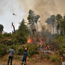 Les équipes de pompiers tentent de circonscrire un incendie près du village de Kechries dans le nord de l'Eubée, le 5 août 2021.