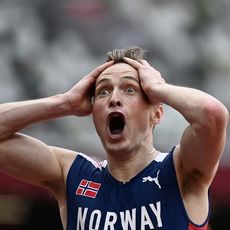 Le Norvégien Karsten Warholm après son record du monde et son titre olympique en 400 m haies le 3 août 2021