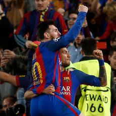 Neymar et Messi, alors coéquipiers au Barça, lors de la remontada face au PSG (6-1) le 8 mars 2017.