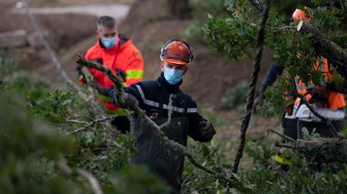 La sécurité civile en action pour réparer les lignes à haute tension endommagées par la tombée d'arbres, le 2 octobre 2020
