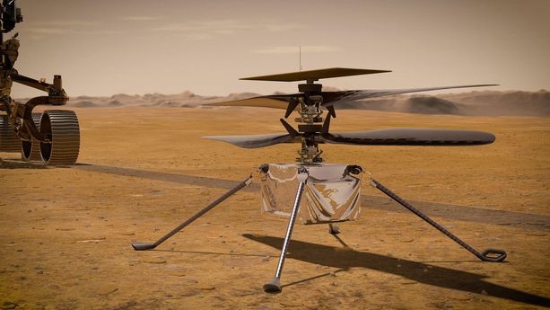 Illustration fournie par la Nasa de l'hélicoptère Ingenuity sur la surface de Mars.