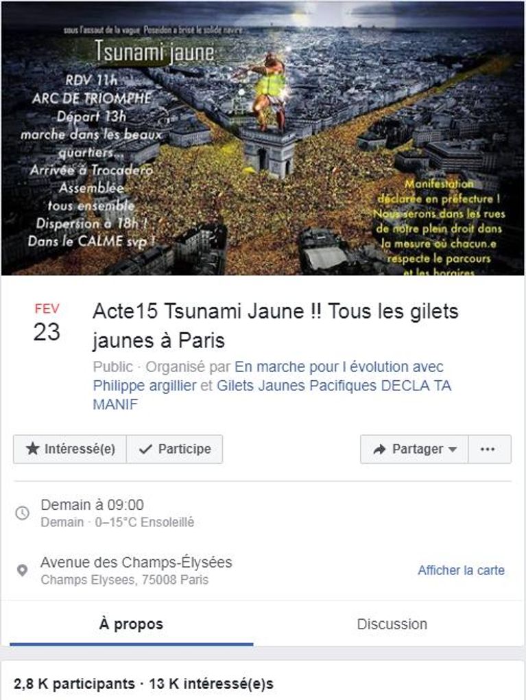 Capture d'écran de l'événement proposant un "acte 15" sur les Champs-Élysées