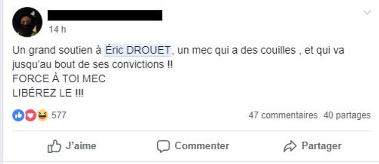 Capture d'écran d'un message en soutien à Eric Drouet sur Facebook