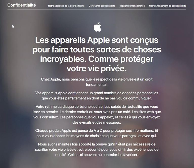 La page d'Apple.fr sur la protection des données personnelles, récemment remise à jour.