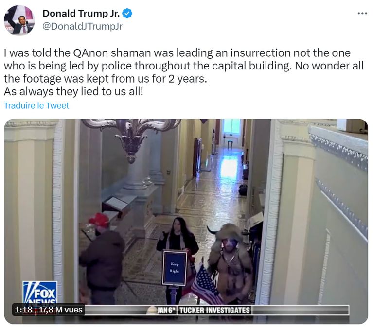 Dans un tweet, le fils de Donald Trump se joint aux théories complotistes après la diffusion de nouvelles images du Capitole par Fox News 