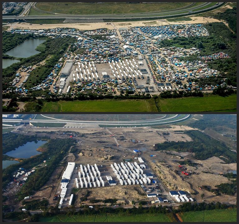 La "jungle" de Calais, avant et après le démantèlement.